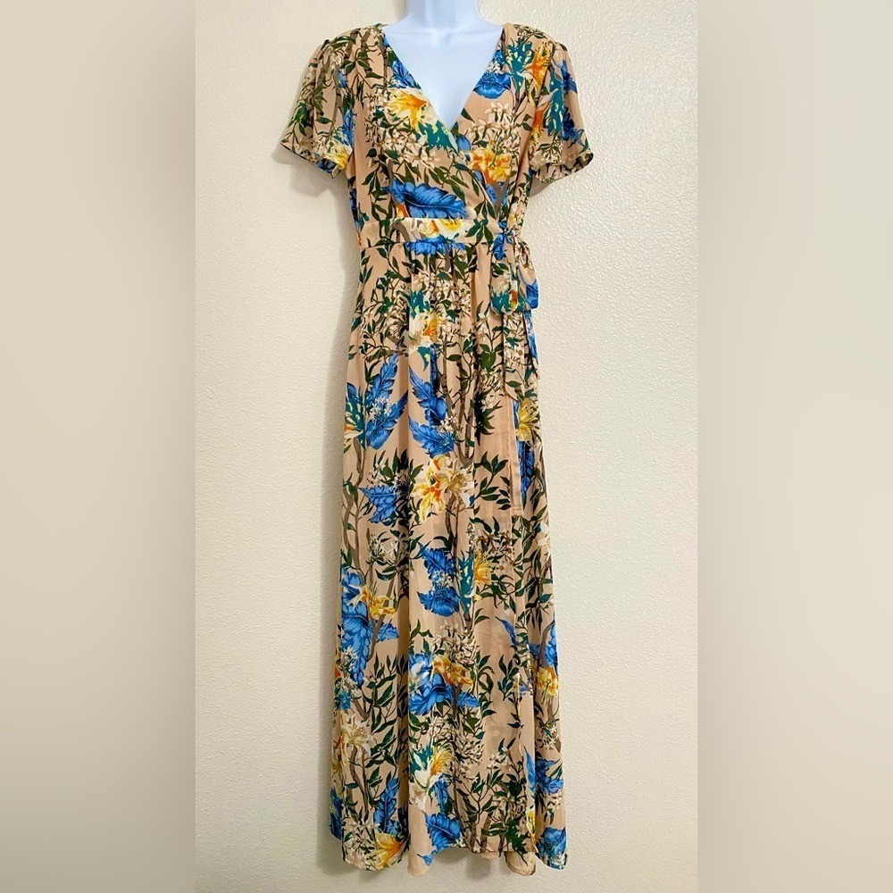 Whimsical Floral Maxi Wrap Dress M Kentucky Derby Wedding Guest Spring Feminine